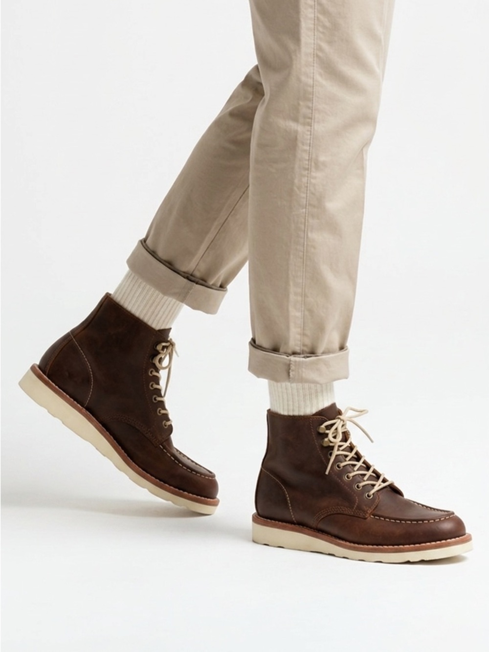 Quince Brown Crafted Cowhide Leather Moc Toe Boots with Cream Wedge Sole. No Box